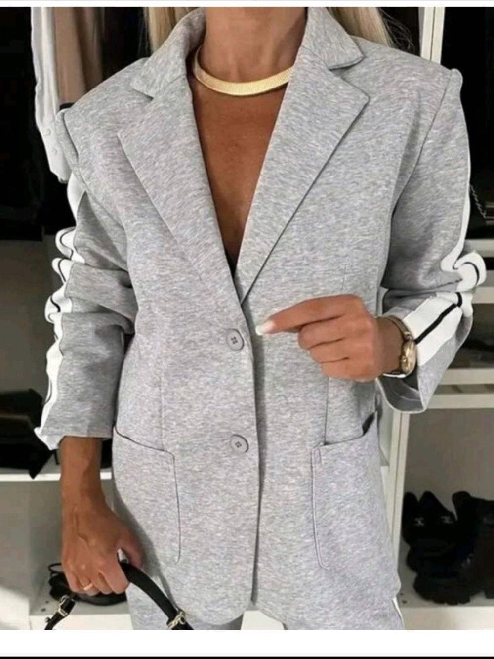 Chicme NWOT M Grey Women's Casual Blazer Jacket WHITE Stripe Sleeve